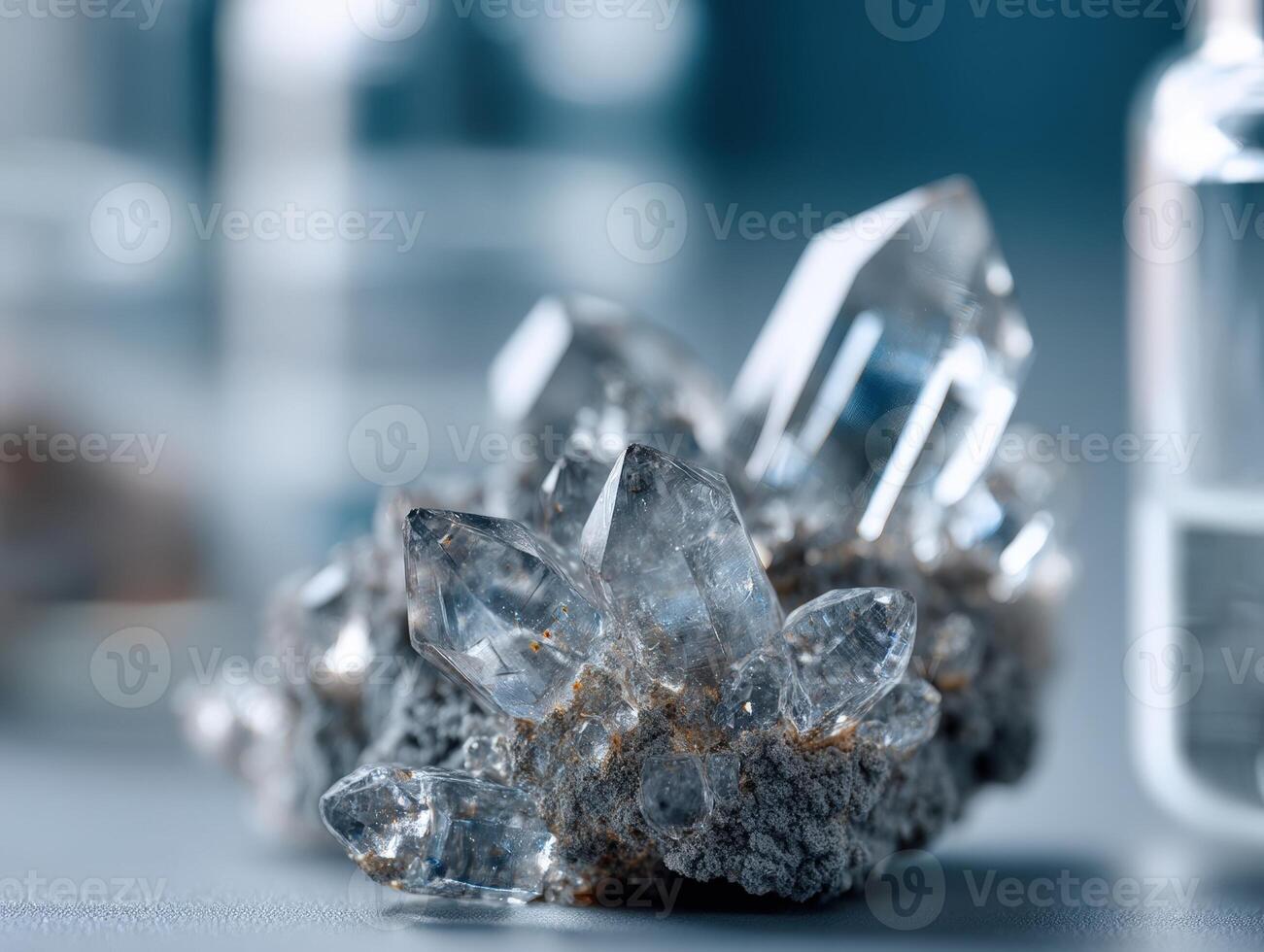Cluster of clear, pointed crystals on rough gray rock. Background features soft-focus cylindrical objects. Lighting highlights transparency and facets of the crystals photo