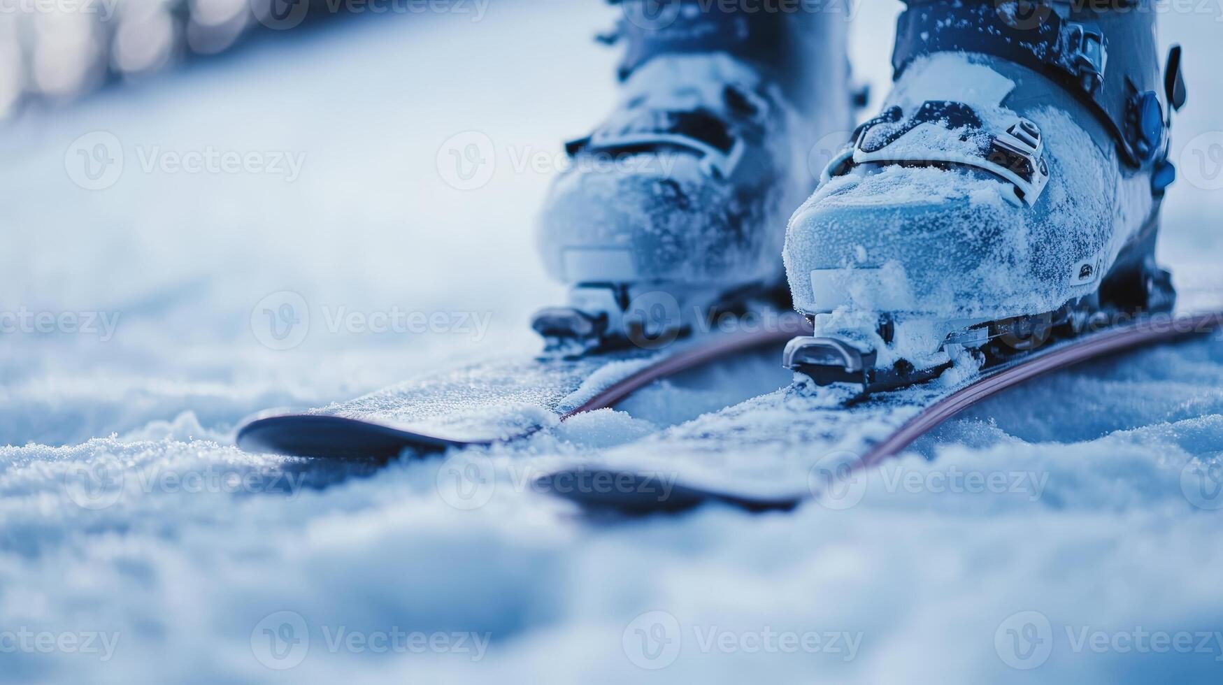 Snow-covered ski boots rest on parallel skis, captured in an up-close view amidst a snowy landscape. The detail highlights the texture of the boots and the freshness of the snow photo