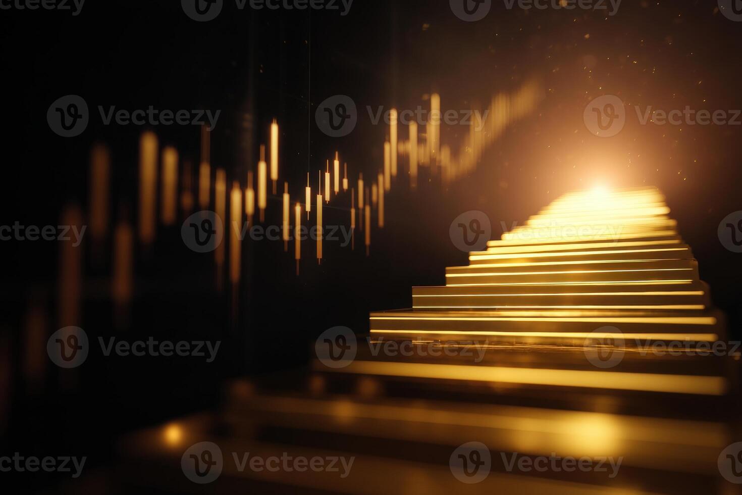 Golden lighted stairs ascend towards a glowing horizon, with financial graph bars on the upper left. The scene conveys a sense of progress and success elegance and ambition are emphasized photo