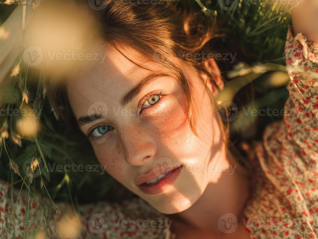 Young woman with freckles lying on grass, sunlight casting artistic shadows on her face. She has captivating blue eyes and wears a floral-patterned top, surrounded by soft-focus foliage photo