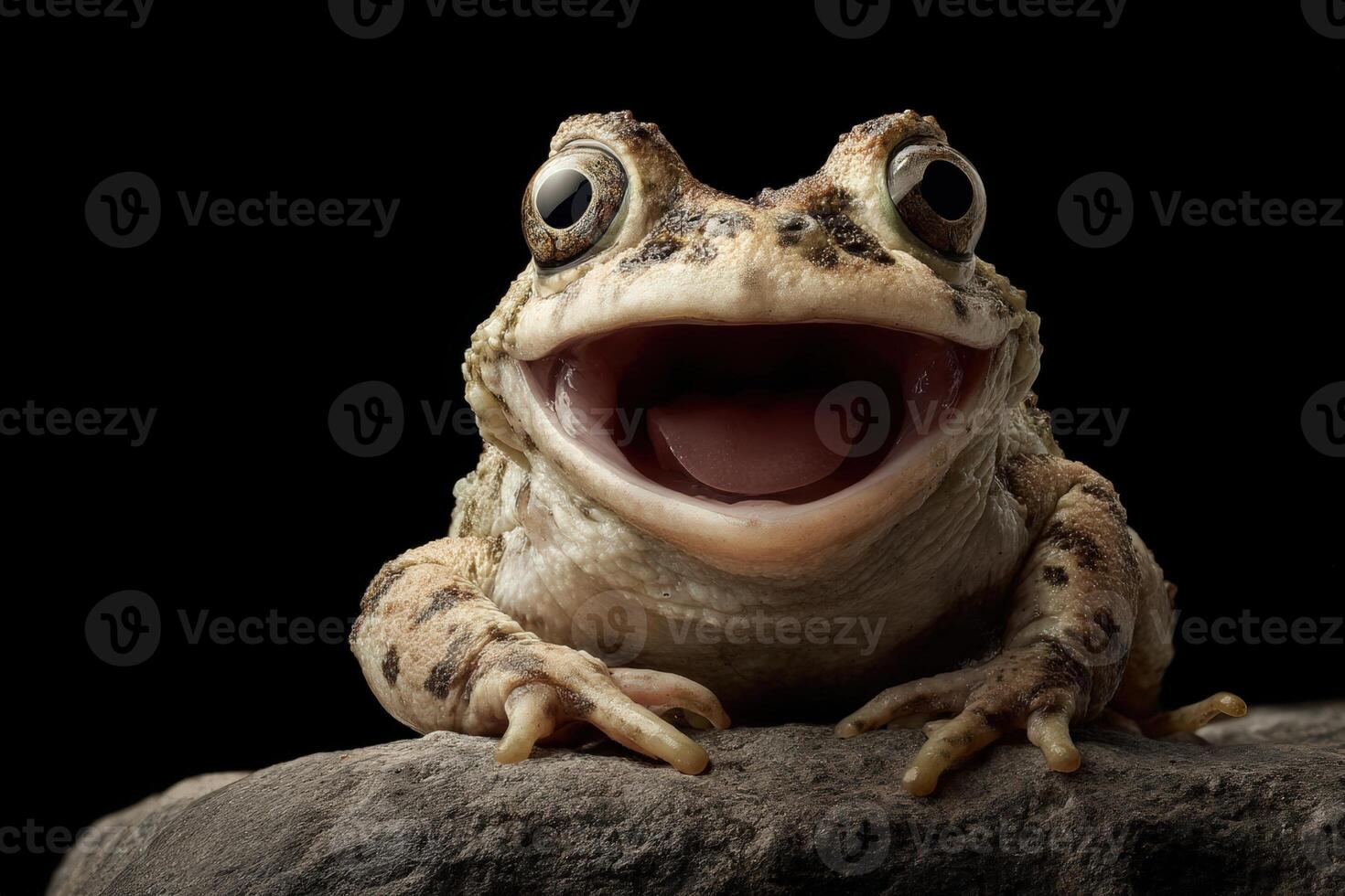 A toad with outstretched front legs sits on a rock, mouth open wide, displaying an amusing expression. Its skin is textured with visible spots, and its large eyes are distinct photo