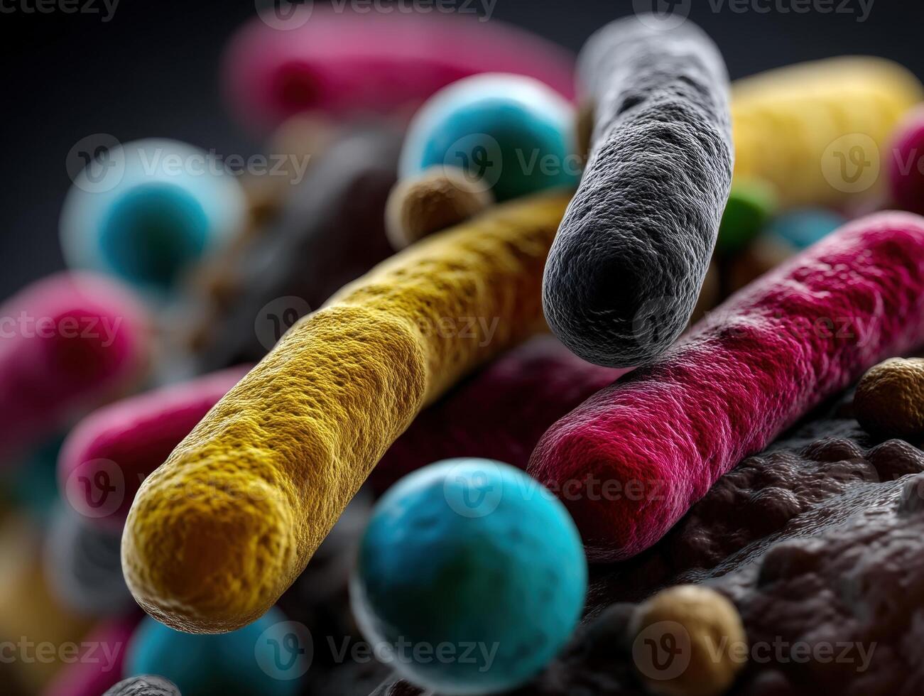 Colorful microscopic view of bacteria or microbes with a variety of shapes, featuring vibrant yellow, pink, gray, blue, and beige hues. Detailed texture and depth are vividly depicted photo