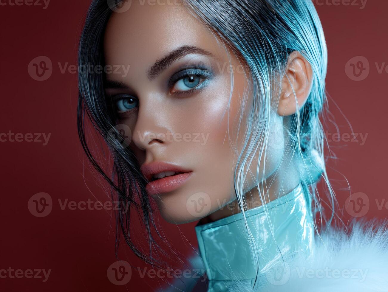 A model with blue eyes and glossy pink lips gazes to the side. With sleek, icy-blue hair and wearing a shiny high-neck top trimmed in soft white fur, she embodies a vivid, modern style photo