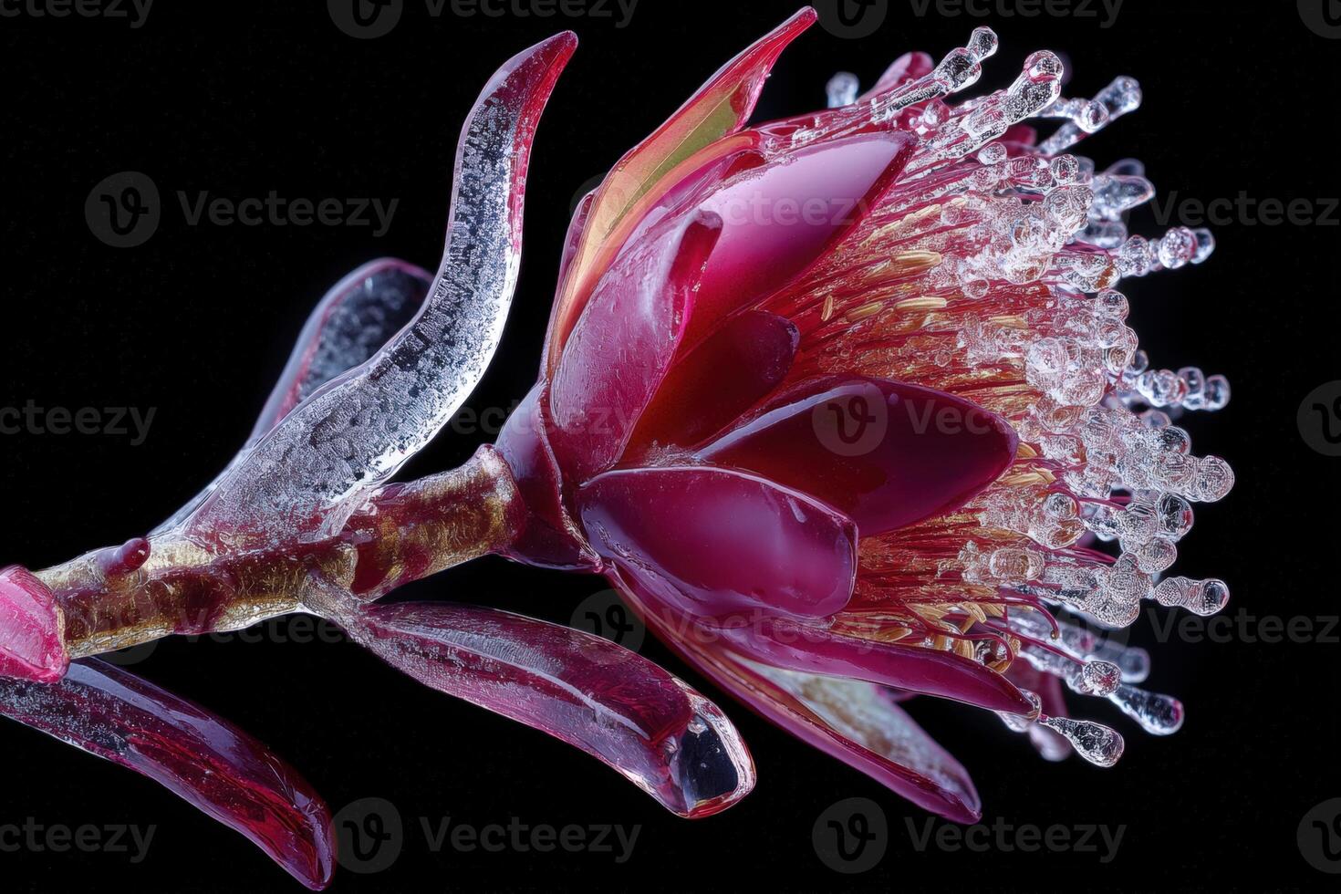 A vibrant close-up of a pink ice-encased flower, with delicate translucent petals and droplets. The crystalline details and rich colors create a striking contrast and intricate texture photo