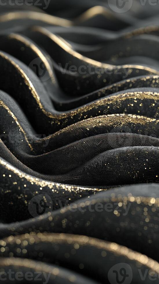 Elegant fabric with wavy, rippling texture adorned with shimmering gold sparkles, creating a luxurious, dynamic appearance. Close-up view highlights the intricate pattern details photo