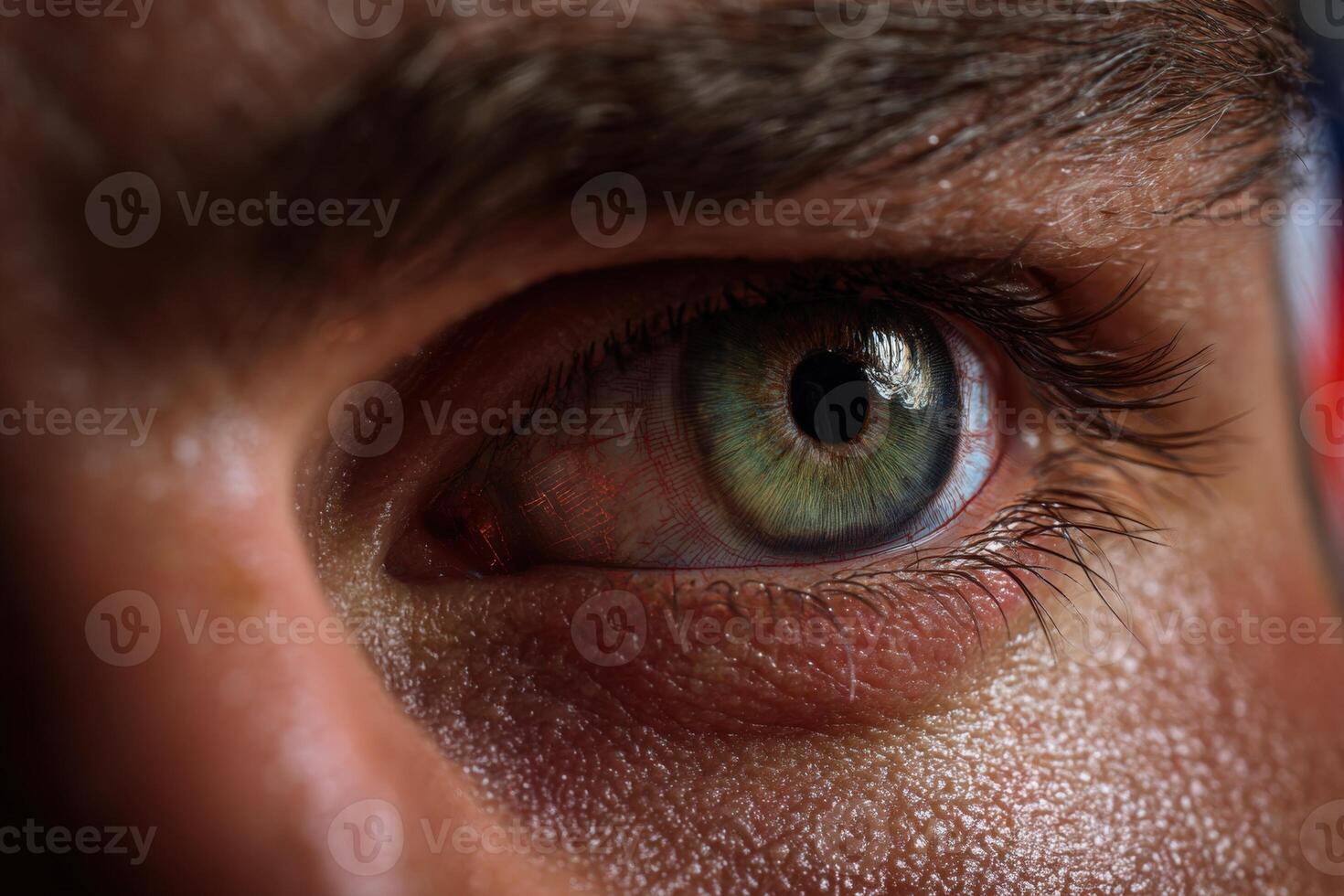 Close-up of a human eye, vividly capturing the green and blue iris surrounded by detailed skin texture and fine eyelashes, reflecting focused attention and expression of curiosity photo