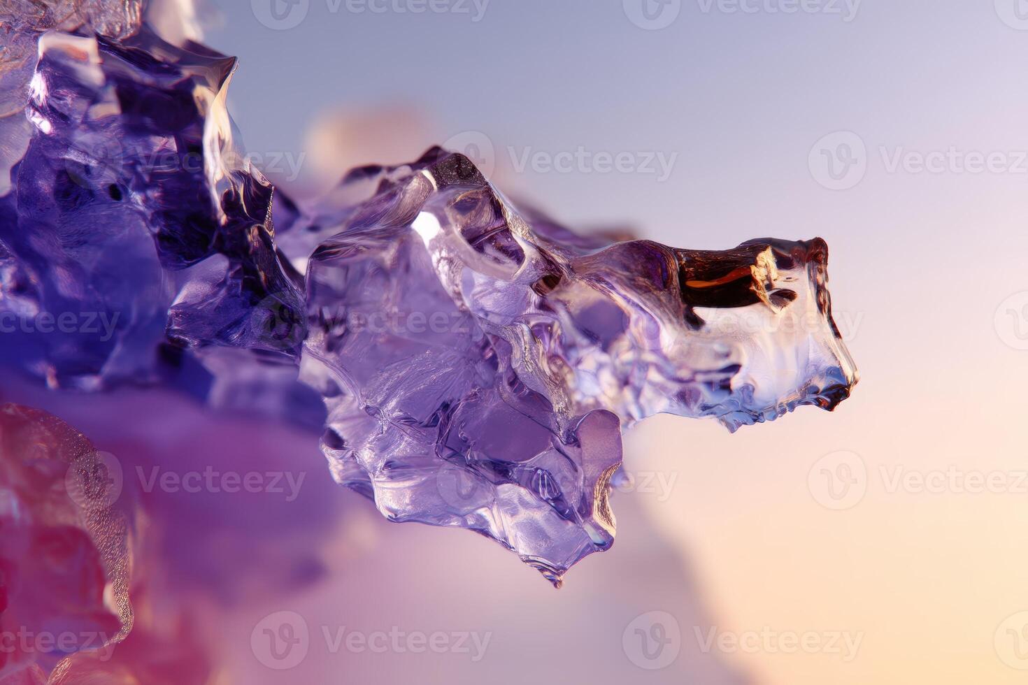 Abstract close-up of translucent, jagged purple and violet crystal formation with light reflecting through. The intricate texture and delicate color gradient suggest movement and depth photo