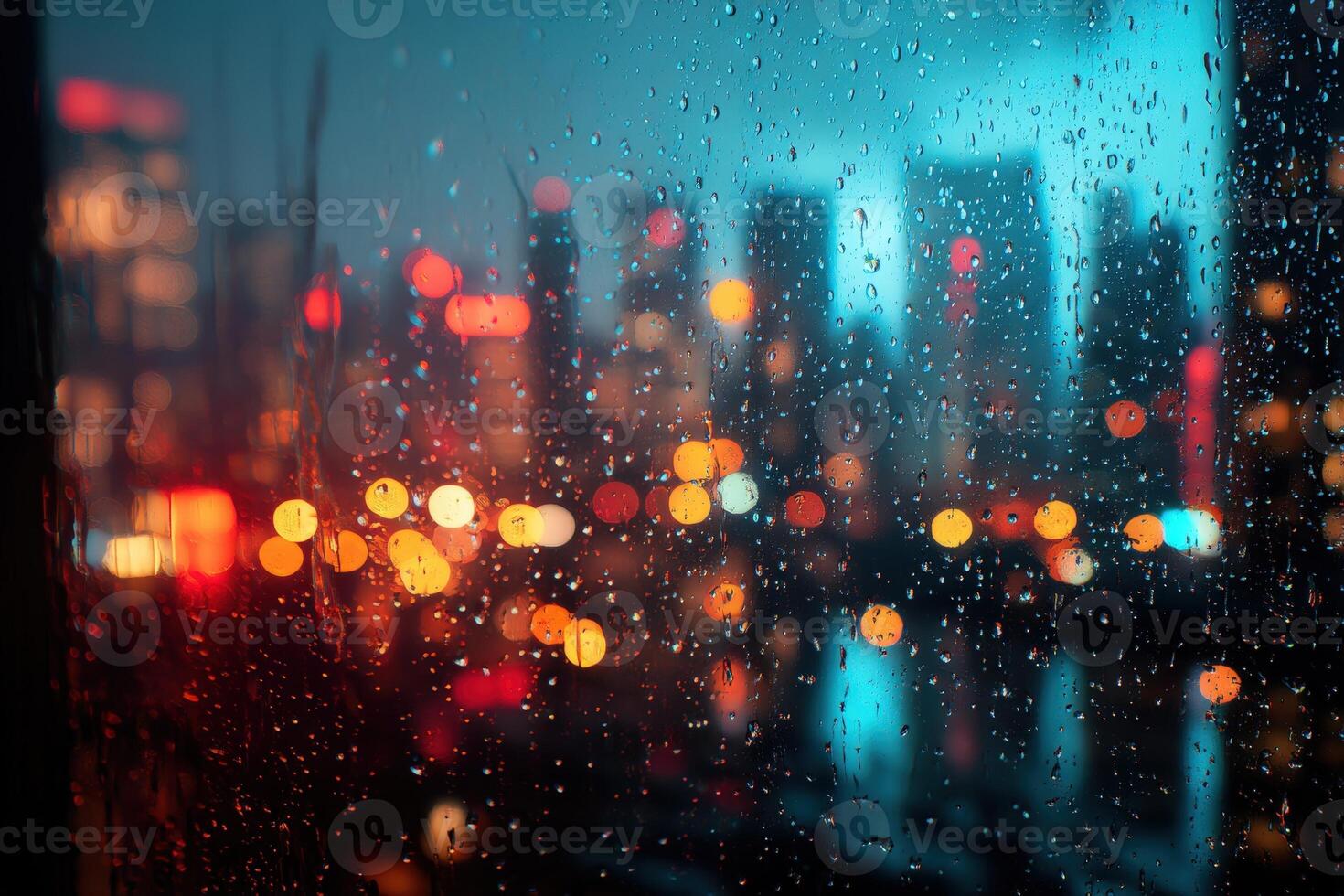 Raindrops on window create a blurred view of cityscape with colorful bokeh lights. The mix of warm and cool tones adds a vibrant, dreamy atmosphere, enhancing the urban night scene photo
