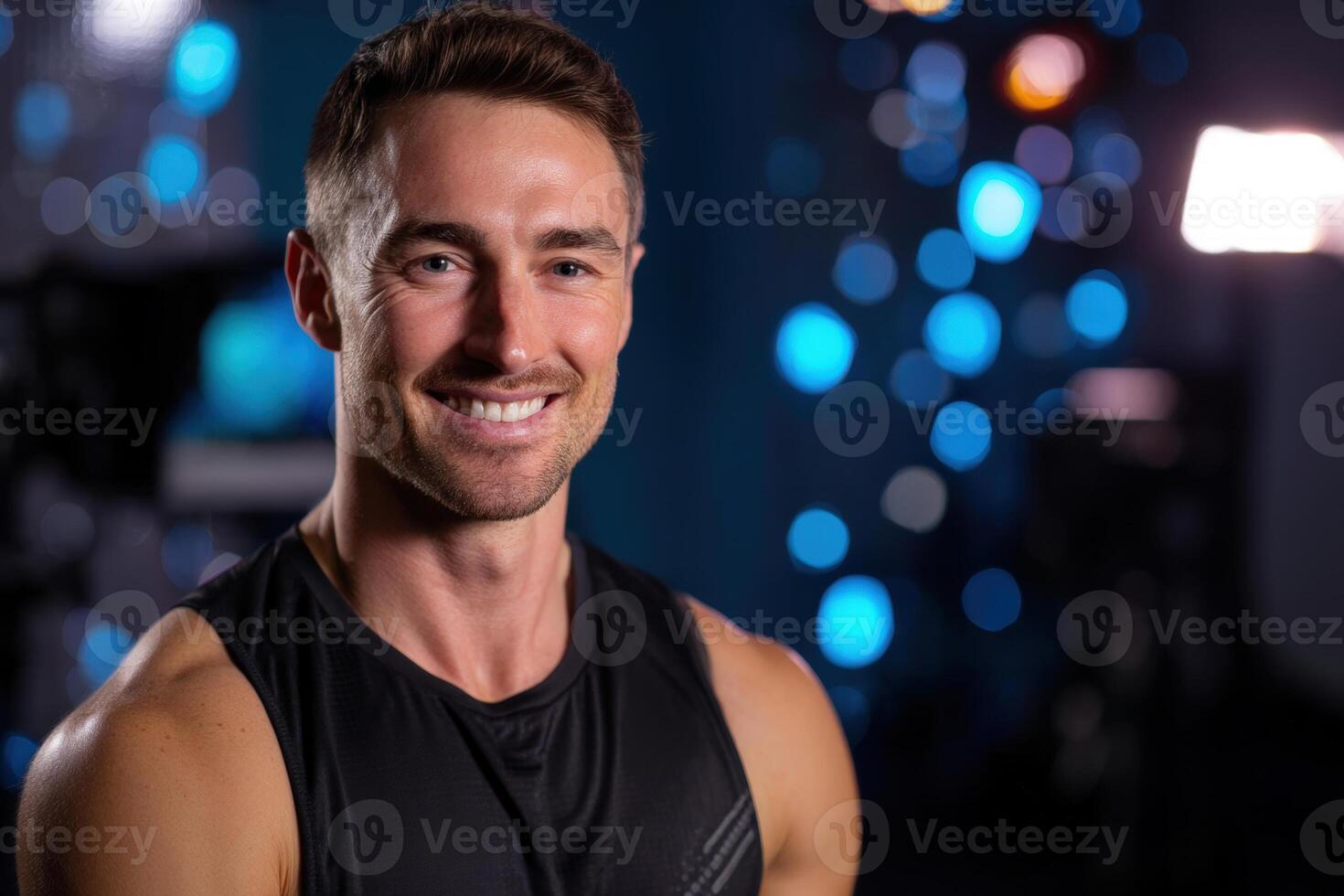 Young man smiling, wearing a sleeveless black top with short hair. Blurred background features bokeh lights in blue and orange hues, creating a vibrant and lively atmosphere photo