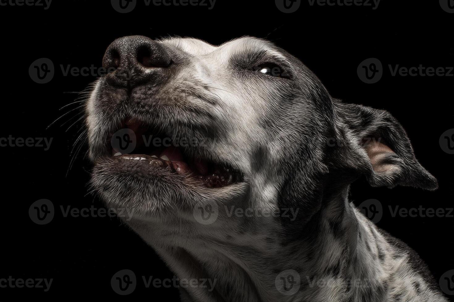 Dog gazing upwards with open mouth, revealing teeth. Light illuminates its detailed fur texture and expressive eyes. The black background highlights the dog's facial features and emotions photo
