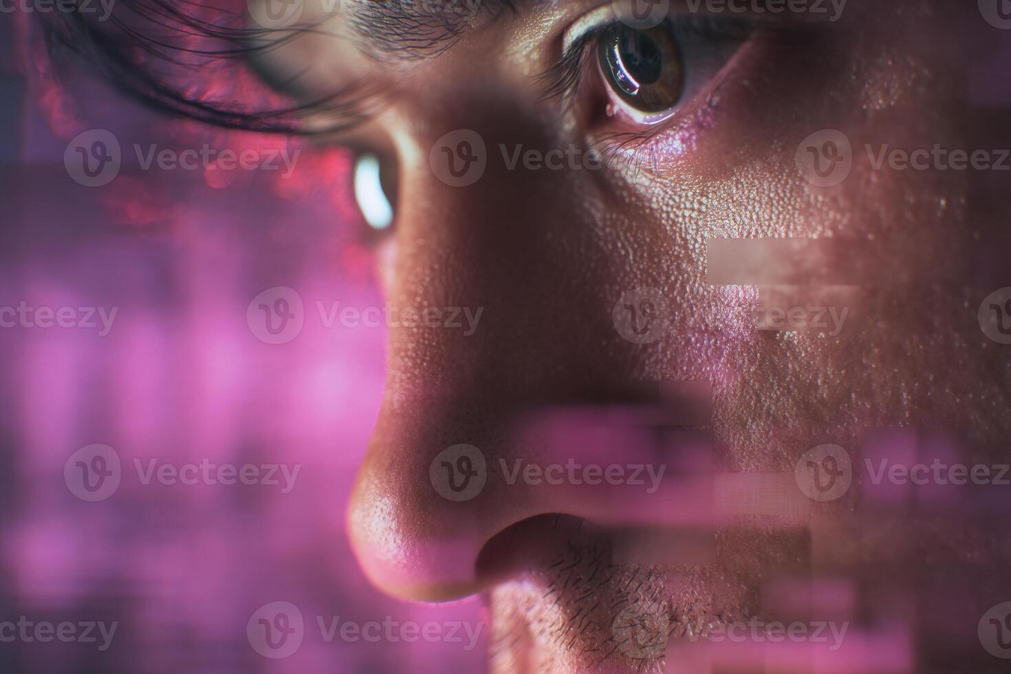 Close-up of a person's face with focus on the eye and nose, surrounded by abstract pink and purple digital effects, creating a futuristic and tech-inspired atmosphere photo