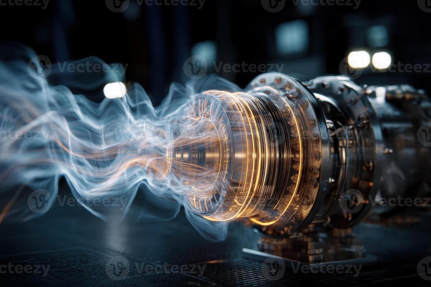 Futuristic mechanical device with intricate metal details and glowing energy rings. Blue vapor-like energy streams from the device, creating a dynamic, high-tech atmosphere photo