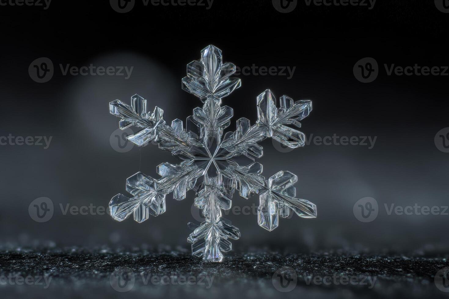 Intricate snowflake displays symmetrical, crystalline patterns in a close-up view. The delicate, icy structure highlights nature's geometric beauty with fine details. No text visible photo