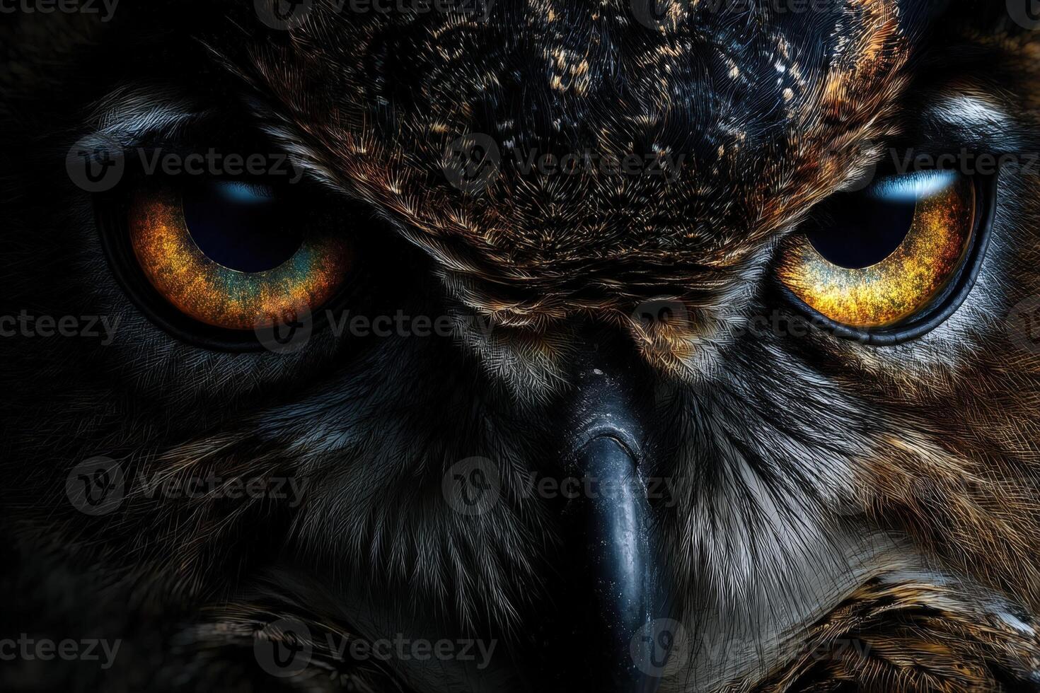 Close-up of an owl's intense gaze, highlighting vivid orange and yellow eyes, textured feathers, and sharp beak. The details showcase the bird's majestic and mysterious appearance photo