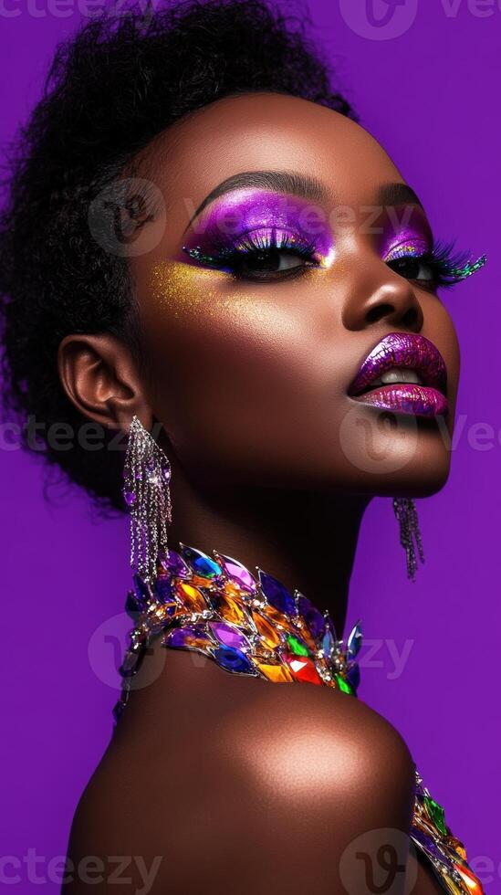 Striking portrait of a woman with vibrant makeup, lush purple eyeshadow, glossy lips, adorned in colorful gemstone jewelry, and chandelier earrings, exuding a glamorous and confident aura photo