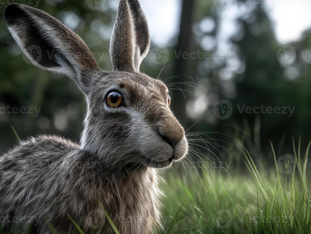 Rabbit with long ears and detailed fur gazes intently in a natural setting, surrounded by green grass with blurred leafy trees in the background, sunlight highlights its features photo