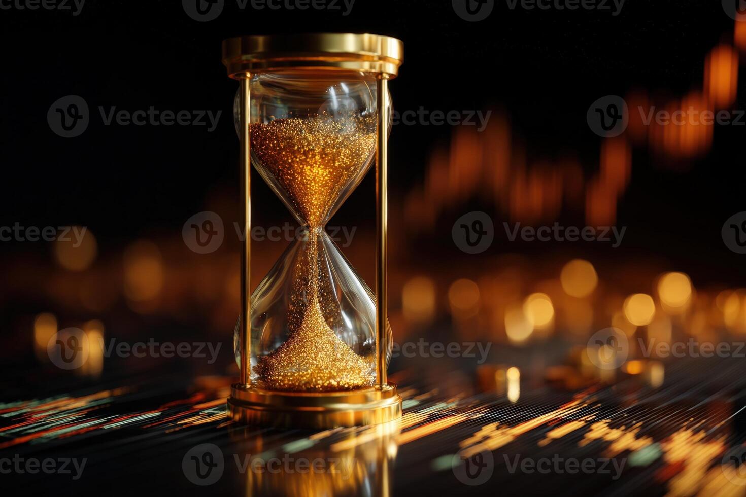 Hourglass filled with golden sand sits on reflective surface. Background features abstract, blurred golden bokeh lights creating a dynamic, elegant atmosphere photo