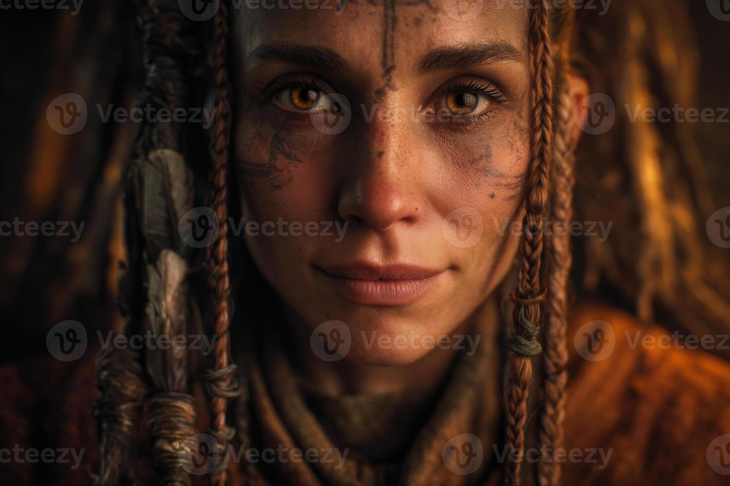 Close-up of a person with intricate facial paint and braided hair adorned with feathers, wearing an orange garment. Intense gaze and warm lighting create a captivating atmosphere photo