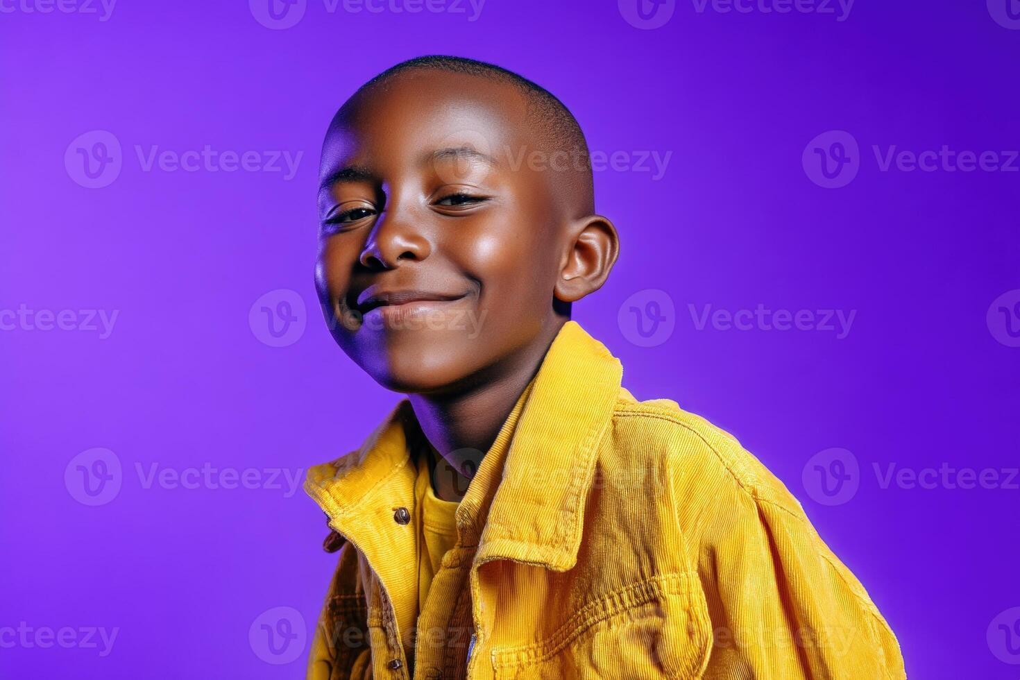 Smiling child in a bright yellow jacket against a purple backdrop, showcasing a cheerful expression. The face is relaxed with a slight tilt, conveying warmth and positivity photo