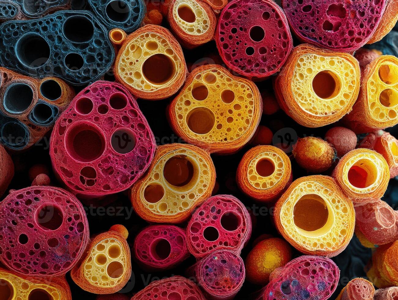 Abstract arrangement of vibrant, colorful circular structures with textured holes in varying sizes and shades of red, orange, and yellow, creating a complex and intriguing design photo