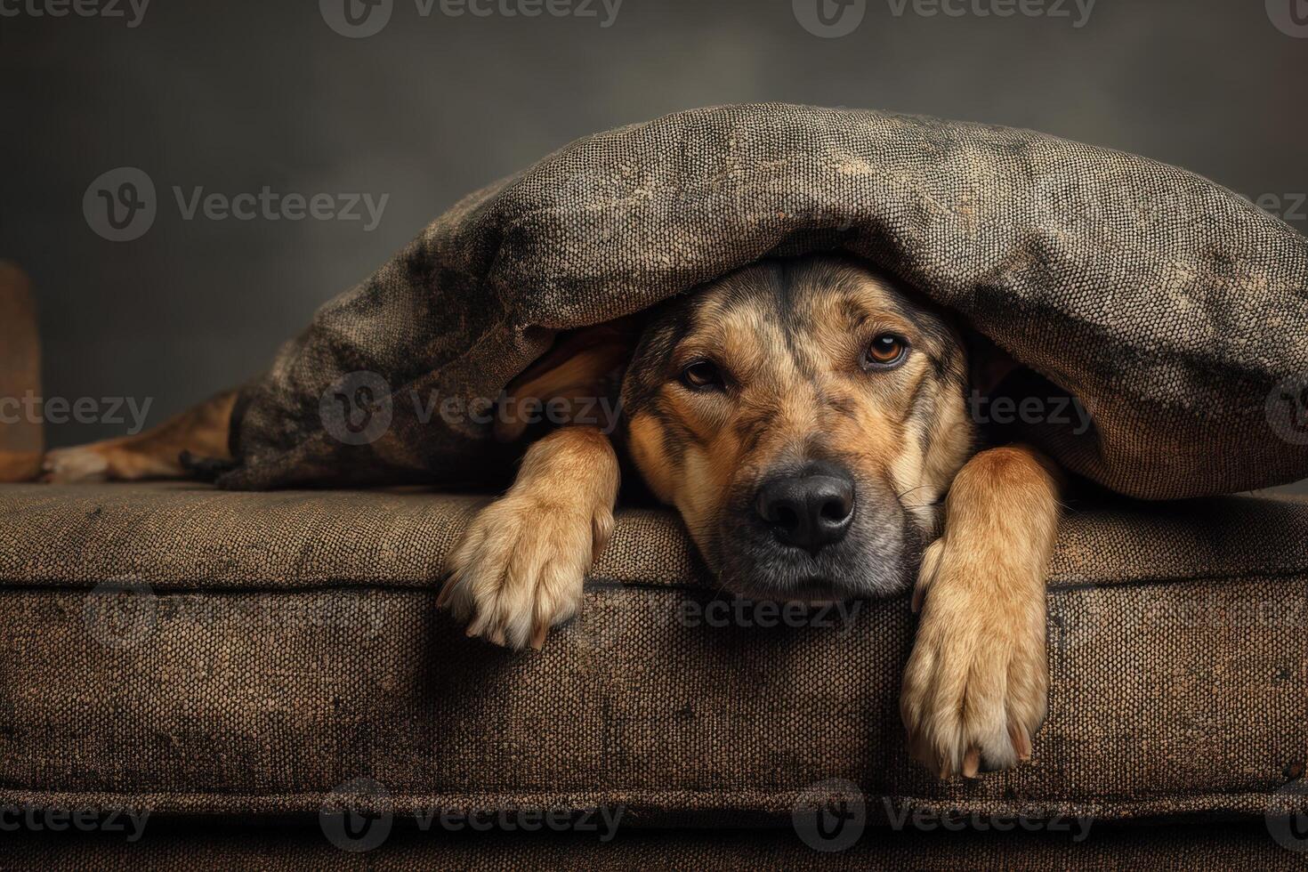Dog lies on a couch with its head and front paws peeking out from under a blanket. The dog has a relaxed expression, and the fabric's texture contrasts with the dog's fur photo