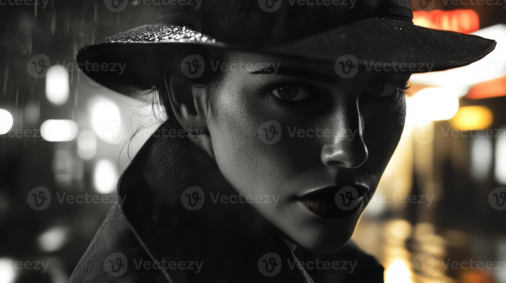 Dramatic black and white portrait captures a mysterious woman in a wide-brimmed hat and dark coat. Her intense gaze and the blurred city lights create a classic, cinematic feel photo