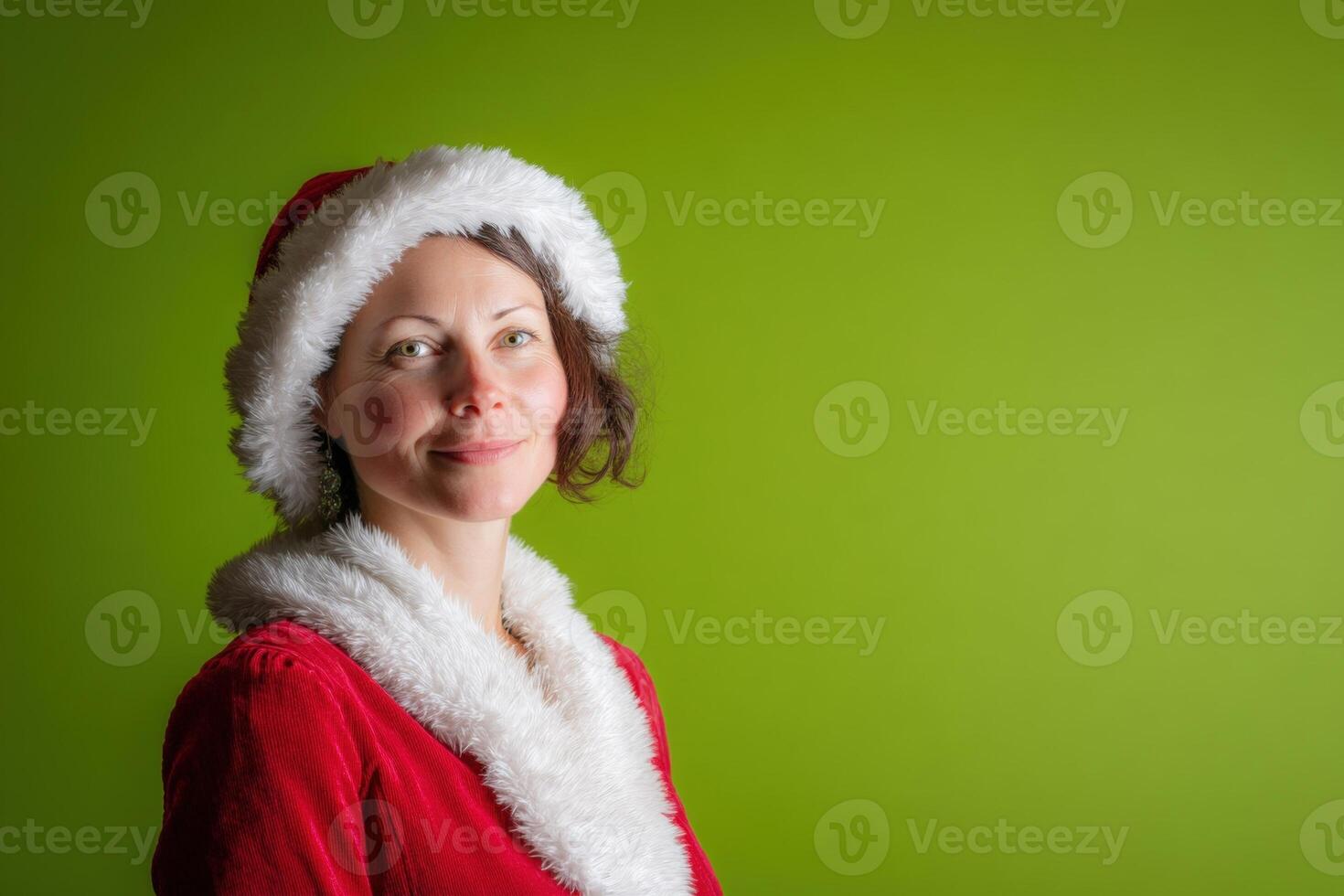 Smiling person in festive red outfit with white fur trim and hat, gazing forward against a plain light green backdrop, emitting a cheerful and festive holiday atmosphere photo