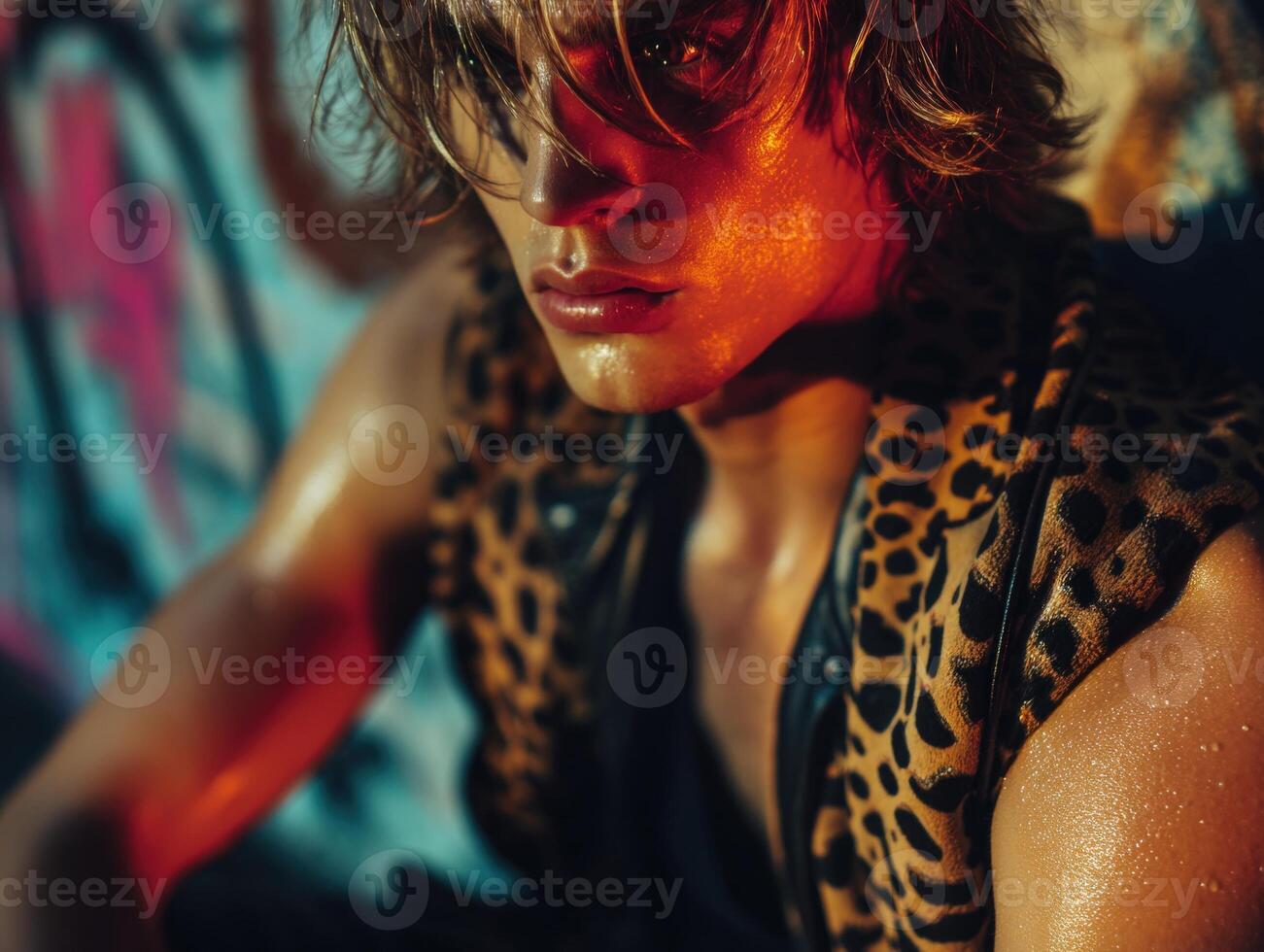 Young man with wet hair and glowing skin, wearing a leopard print vest, sits with a thoughtful expression. Warm, dramatic light highlights his features, casting shadows on his face photo
