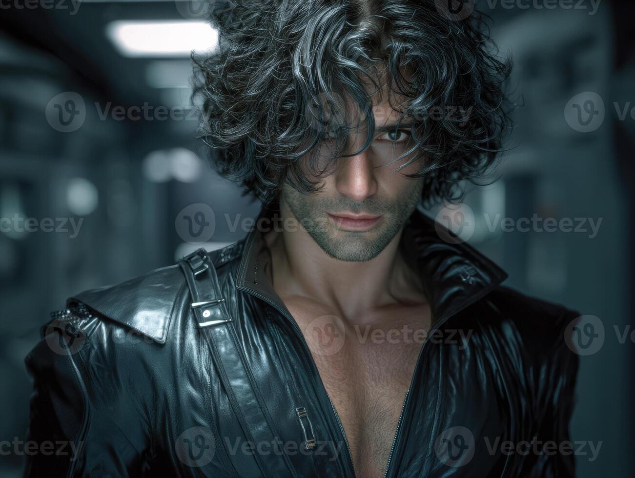 Wavy-haired individual in a sleek black leather jacket stares intensely forward. The dimly lit corridor behind contributes to the mysterious and moody atmosphere photo