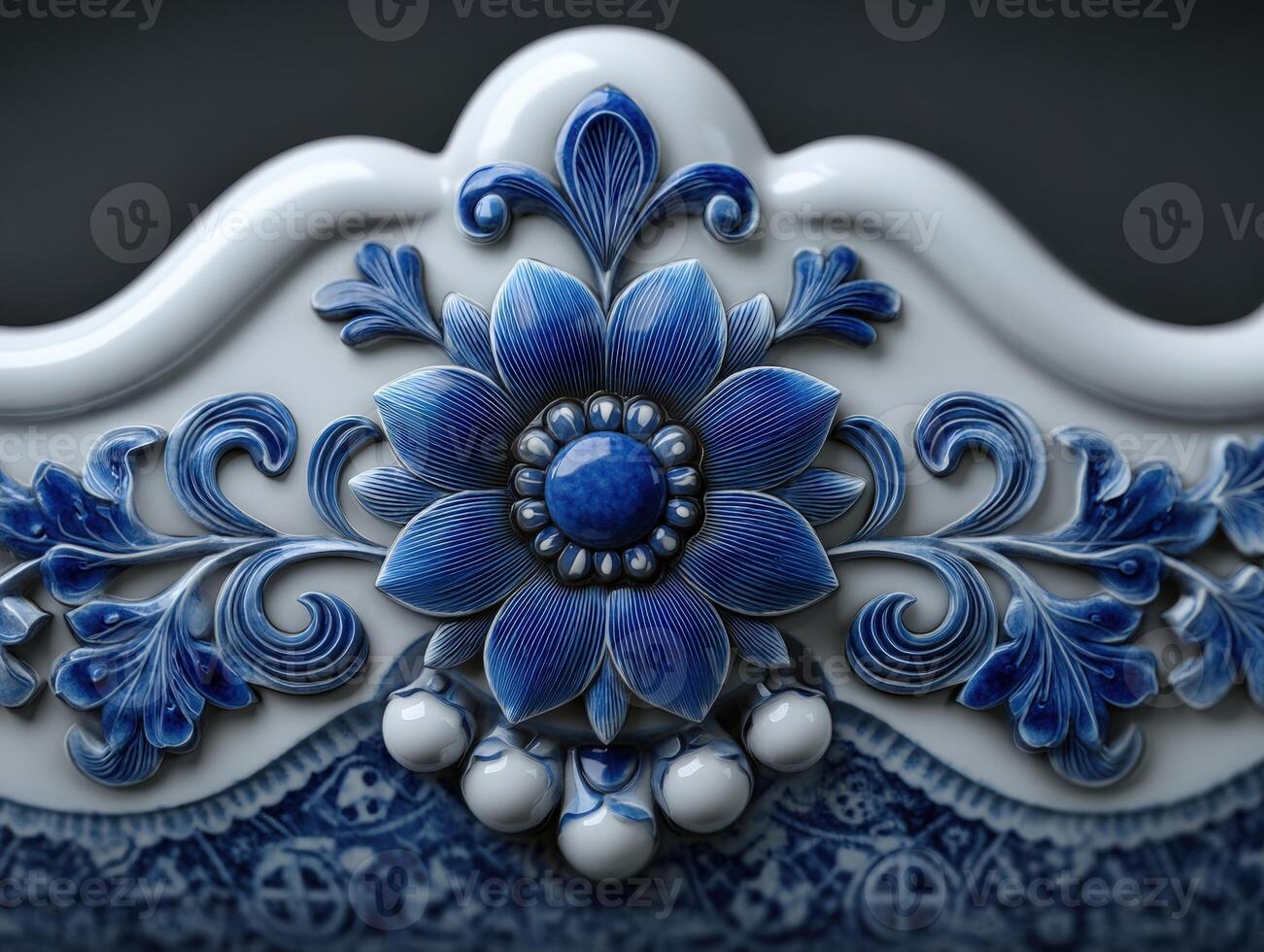 Ornate blue floral design with intricate detailing on a white ceramic surface. Central flower with layered petals and bead-like elements, surrounded by symmetrical leaf patterns photo