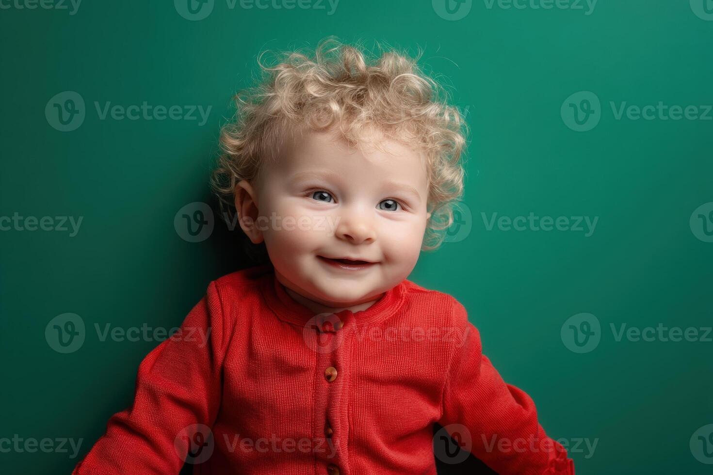 Curly-haired baby in a red outfit smiles warmly, capturing a sense of innocence and joy with bright eyes, exuding happiness and charm. The background is not mentioned due to format photo