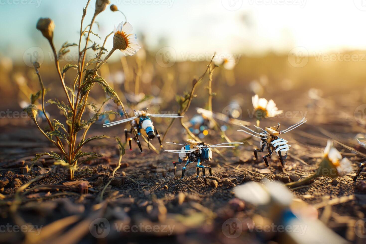 Tiny mechanical insects resembling bees with metallic bodies and wings are scattered on a field of soil, surrounded by small daisy-like flowers under a warm sunlight photo