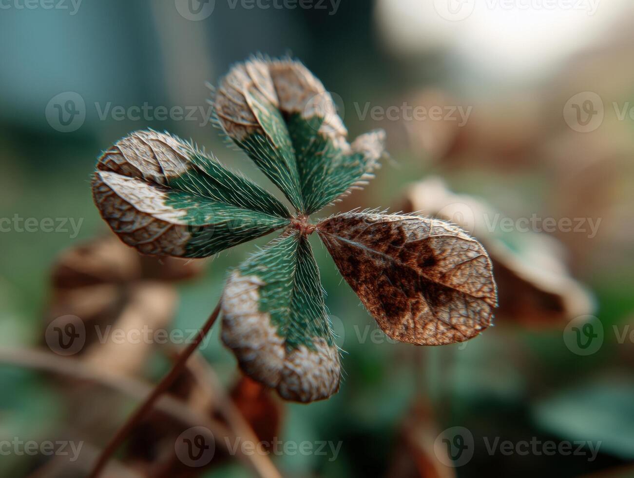 Macro close-up of a four-leaf clover with green and brown leaves, showcasing intricate textures and patterns. The depth of field emphasizes the clover while background remains blurred photo