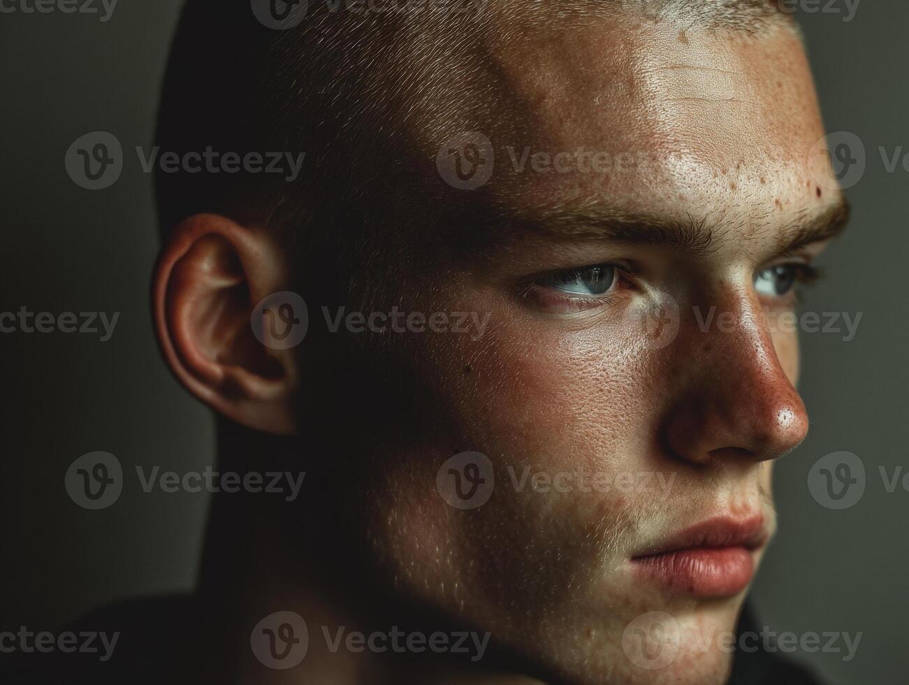 Close-up portrait of a young person with a shaved head gazing sideways, capturing light on their skin with intricate detail and focus, highlighting a calm, contemplative expression photo