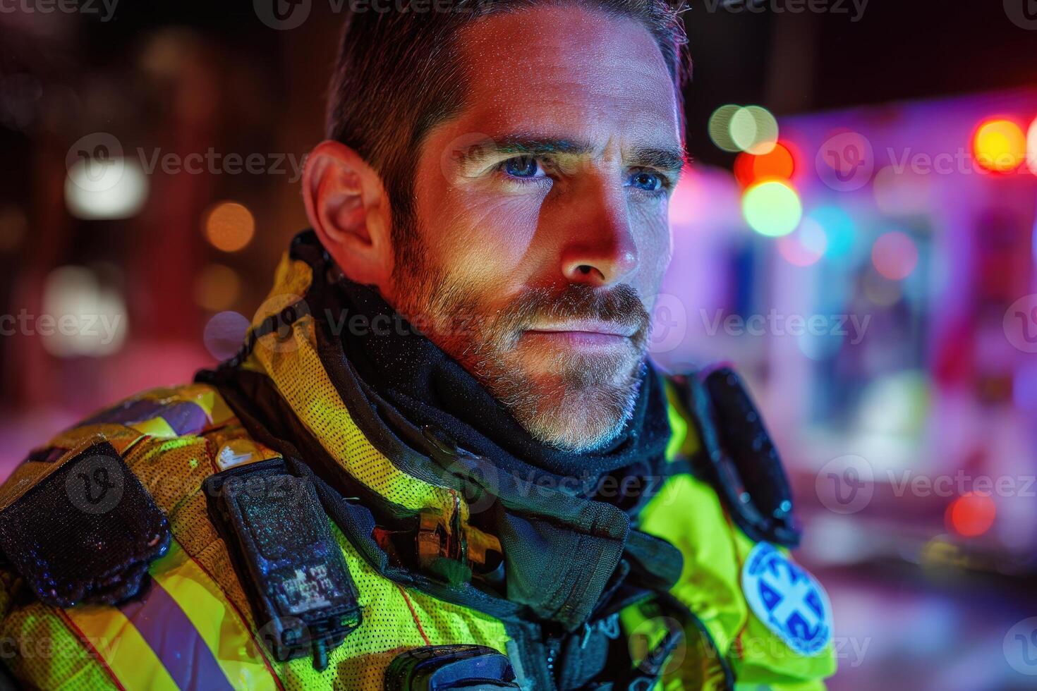 Focused emergency worker in reflective uniform and communication gear looks alert during nighttime duty, bathed in colorful lights. Background is blurred, enhancing subject's concentration photo