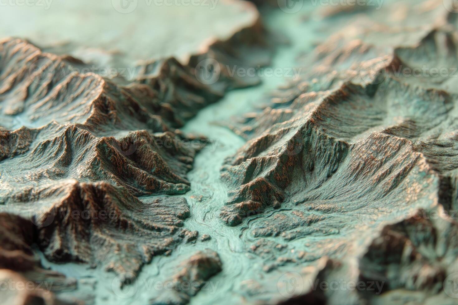 Intricate close-up of a textured 3D terrain model showcasing winding valleys and rugged mountainous landscape in earthy brown and green hues, emphasizing geological features and elevation photo