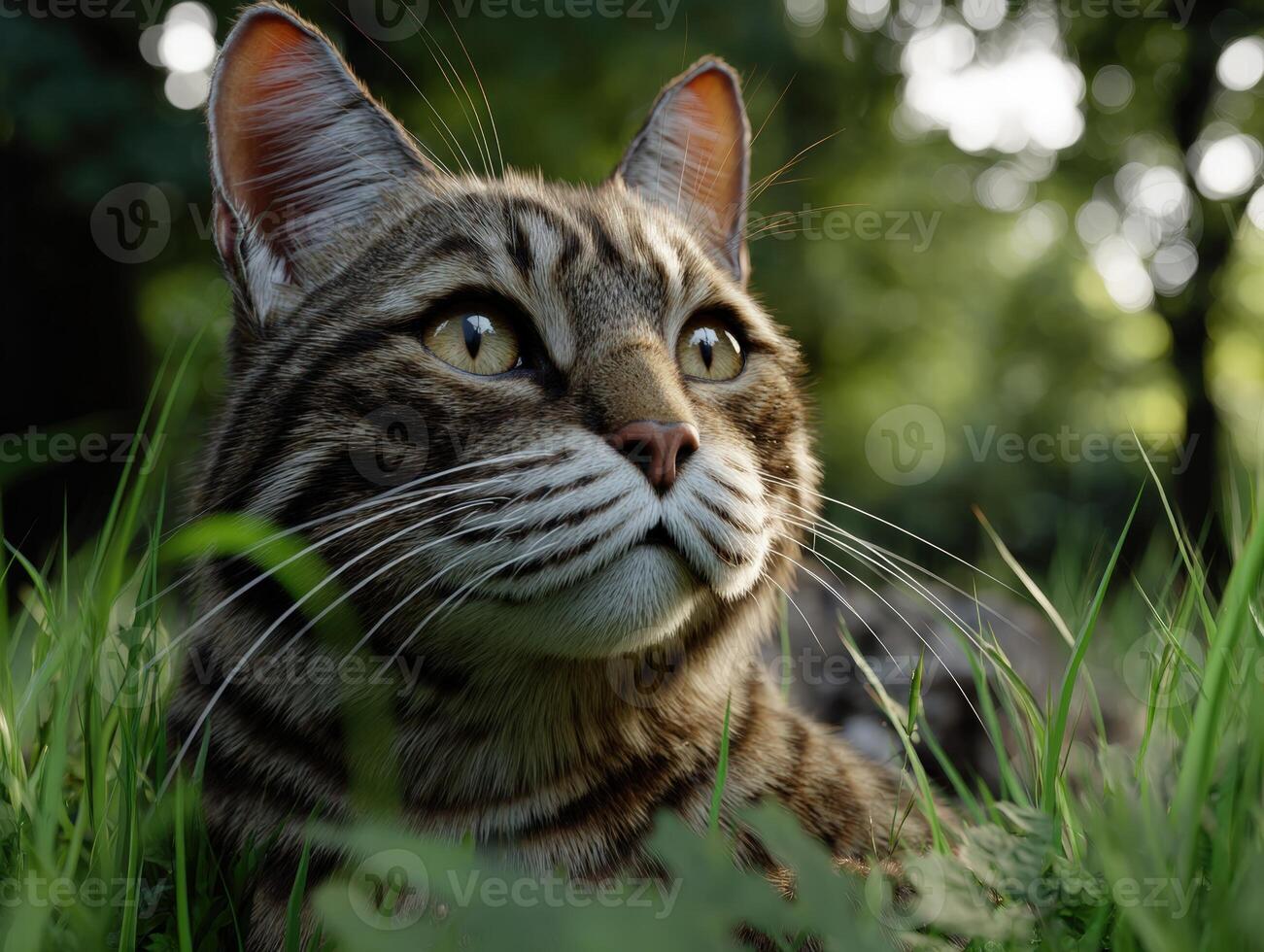 A brown tabby cat with striking green eyes lies in lush green grass, surrounded by blurred foliage. The sunlight filters through the leaves, casting a soft, dappled light on the scene photo