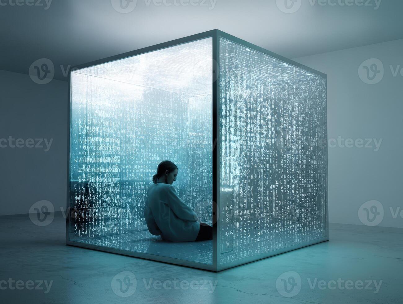 A person sits inside a transparent cube filled with abstract text that resembles code. The ambient lighting casts a soft blue hue, creating a futuristic and contemplative atmosphere photo