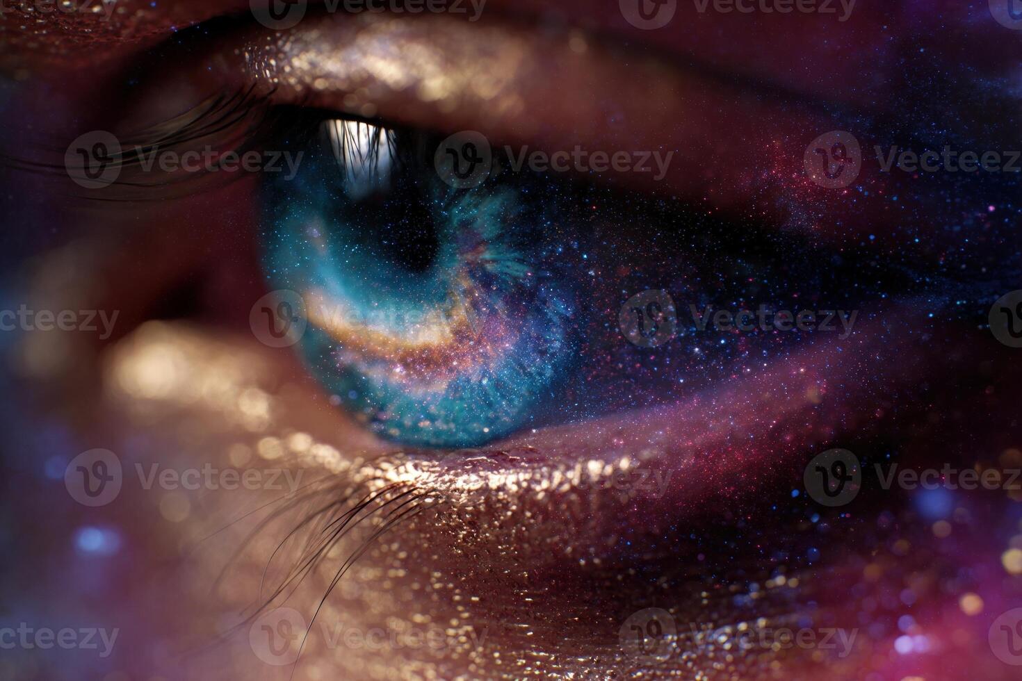 A close-up of a human eye with vivid blue and gold colors, resembling a cosmic scene. Glitter and stardust surround the eye, giving it a surreal and mystical appearance photo