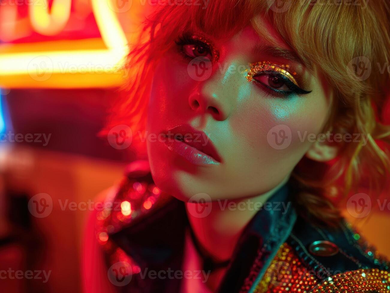 Red and orange neon lights illuminate a person with glittery gold eye makeup and glossy lips. The scene is vibrant and colorful, with a hint of retro style evident in the look photo