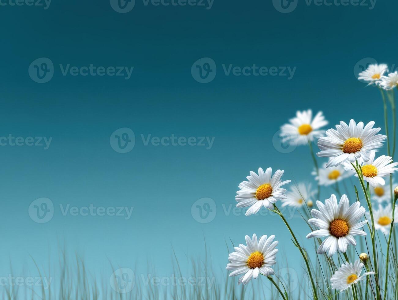 White daisies with yellow centers on delicate green stems emerge from the bottom right, set against a vivid blue gradient sky, with thin grass blades visible below photo