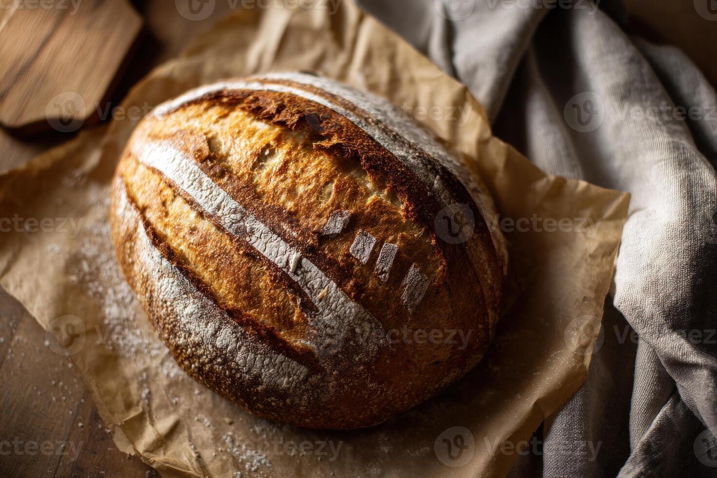 Oval loaf of bread with a golden crust on parchment paper, dusted with flour, surrounded by folded gray linen and wooden board, capturing rustic and homemade baking ambiance photo