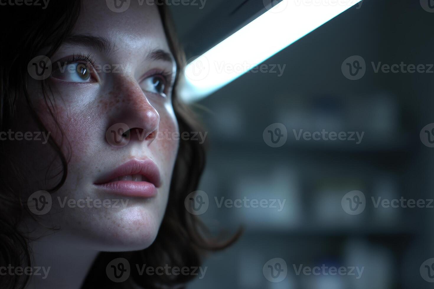 Young woman with freckles gazes upward under soft fluorescent light, casting a serene glow. Shelves with blurred objects in the background suggest a contemplative setting photo
