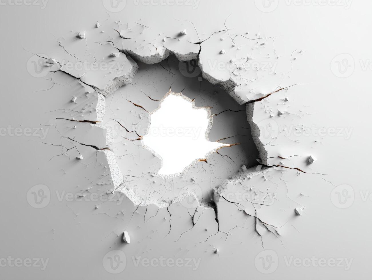 A large, jagged hole in a rough, cracked white surface with visible debris and shadows. The irregular edges and fractures suggest a forceful impact or destruction photo