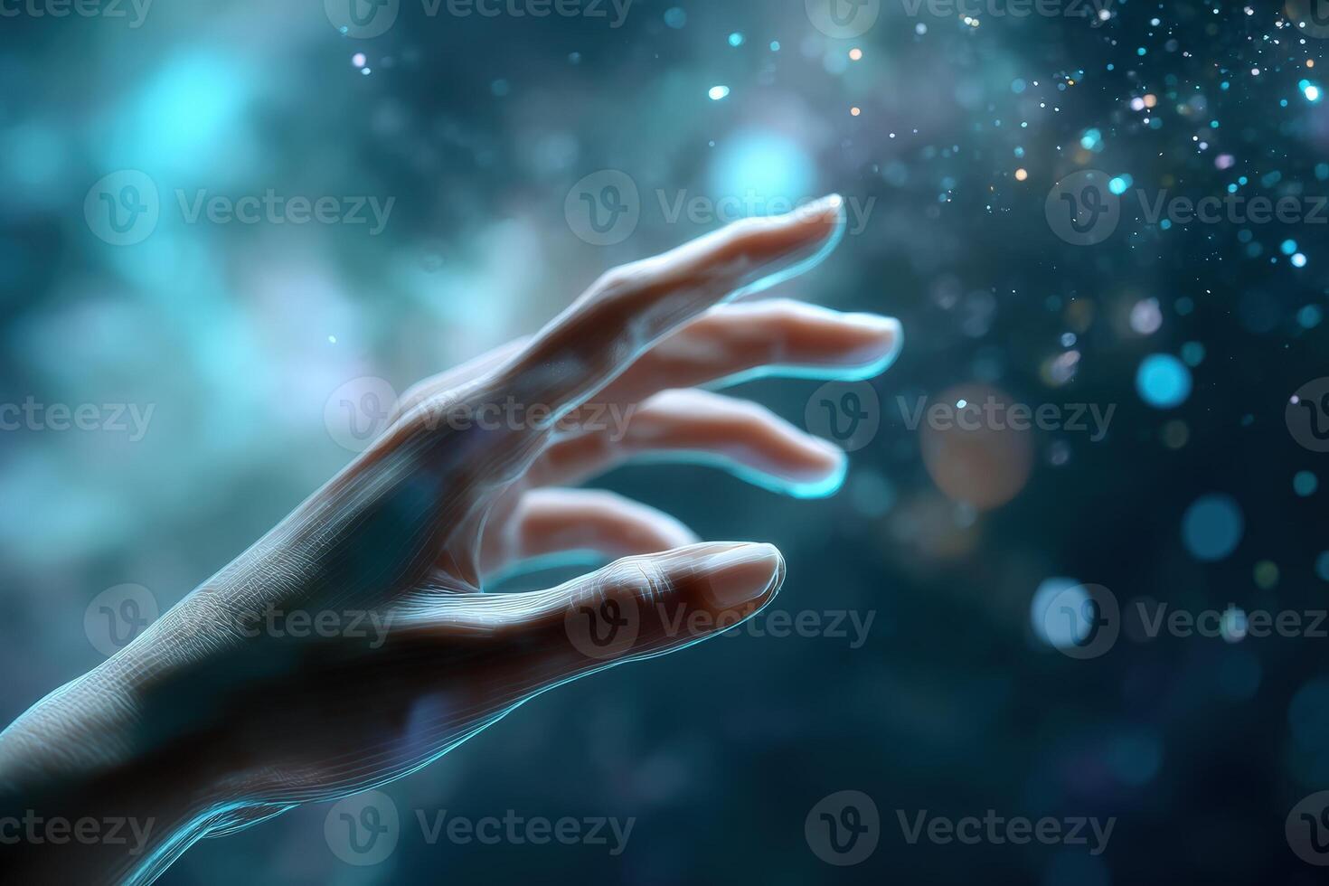 A delicate hand reaching out towards glowing particles and abstract lights, creating a dreamy atmosphere. The scene suggests a sense of wonder, exploration, and connectivity photo
