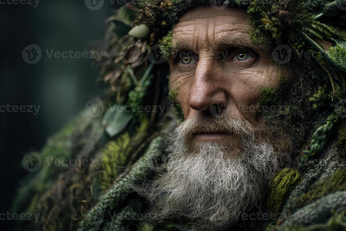 Elderly man with a long beard adorned in natural foliage and moss, gazing intently. His clothing is intricately woven with leaves and branches, conveying a connection to nature photo
