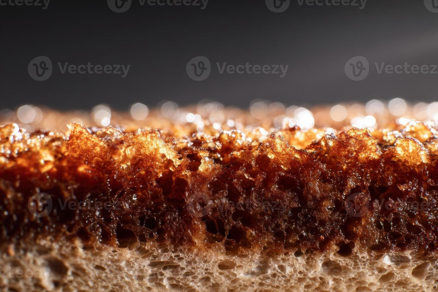 Close-up of a slice of toasted bread with a crispy, golden-brown crust and a soft interior. Tiny crumbs and glistening light spots create an appetizing texture across the surface photo