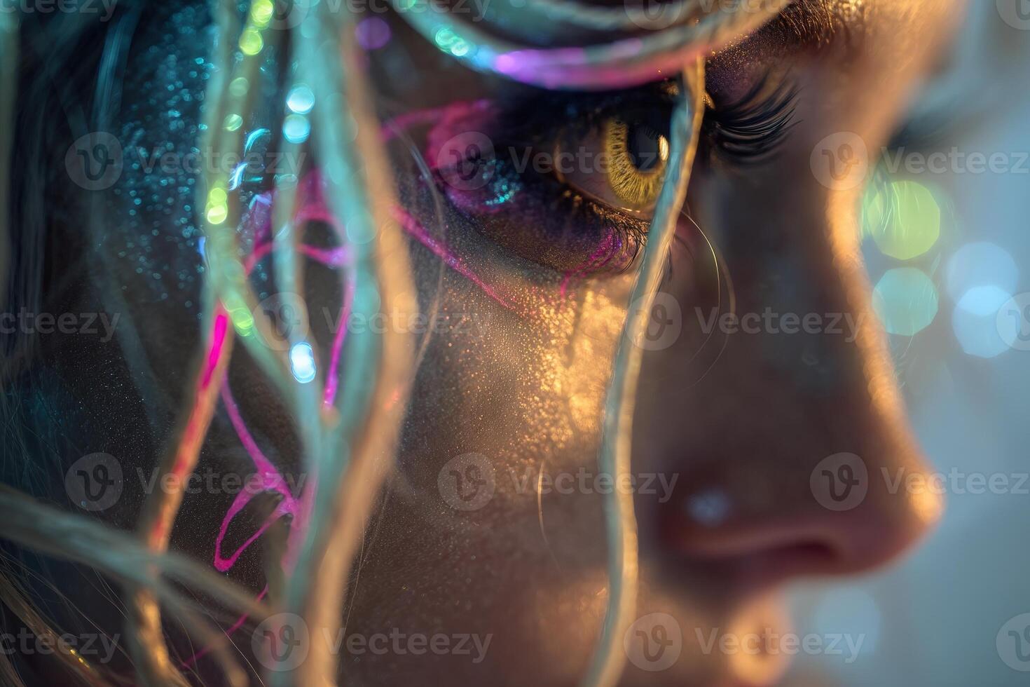 Close-up of a persons eye with vibrant makeup, glowing effects, and colorful neon lights reflecting on skin. The eyelash detail and soft focus add a futuristic, artistic vibe photo