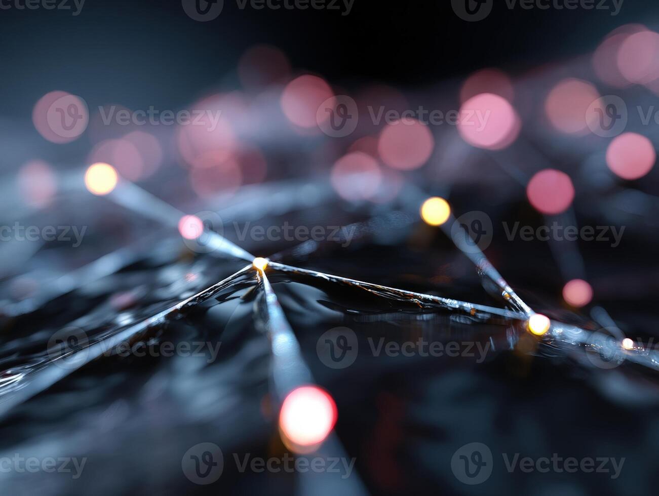 Abstract connections form a web of glowing dots linked by lines in soft focus. Red and orange lights scatter, creating a futuristic network with a dark, blurred background effect photo