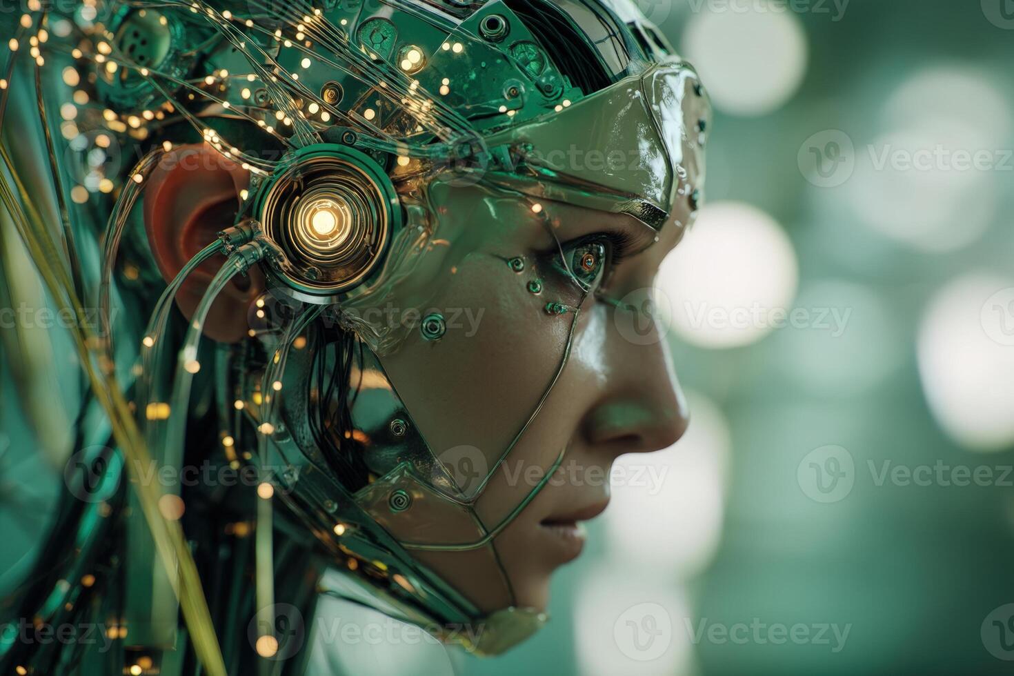 A futuristic humanoid with intricate electronic components and glowing circuits is shown in profile, evoking a high-tech and advanced AI vibe. Lighting effects highlight the metallic textures photo